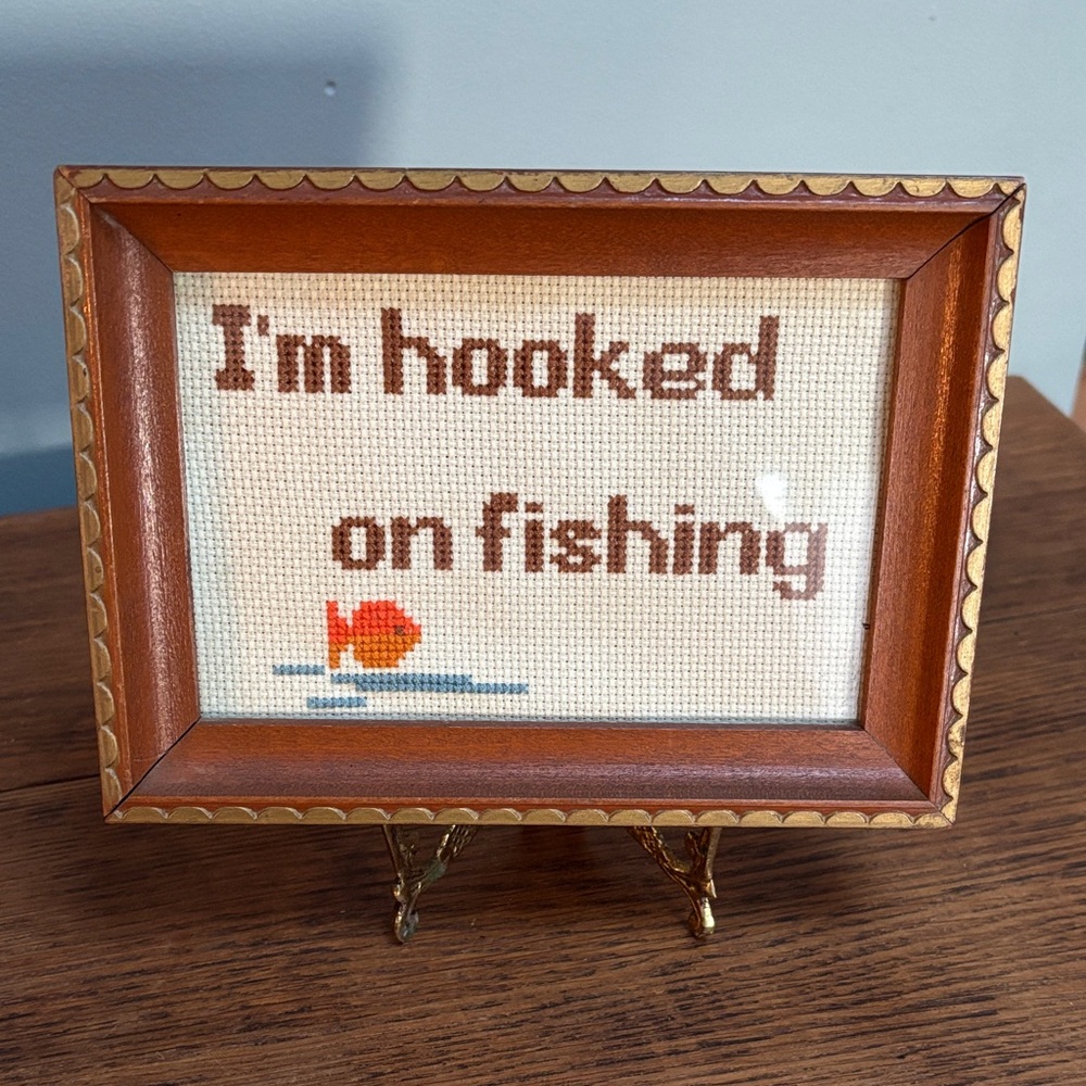Vintage Cross Stitch Fishing Art Framed